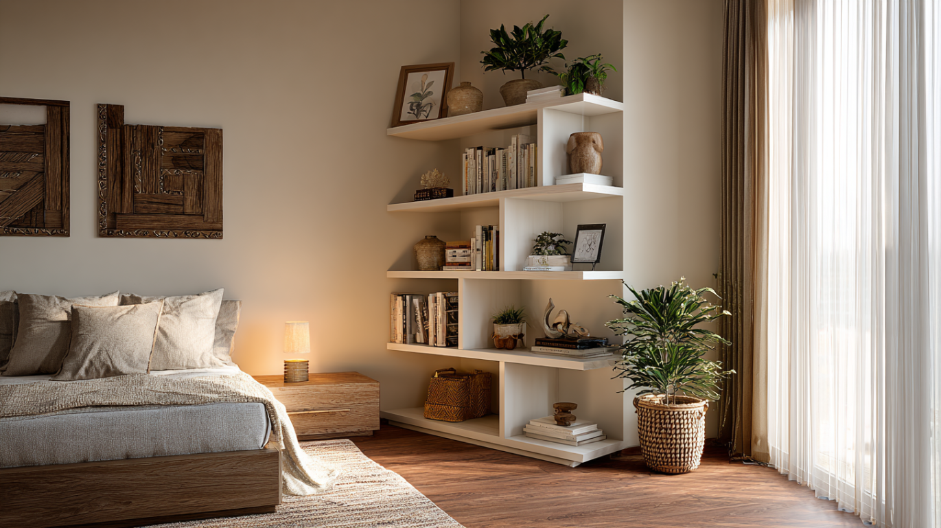 Corner shelf design for bedroom interiors