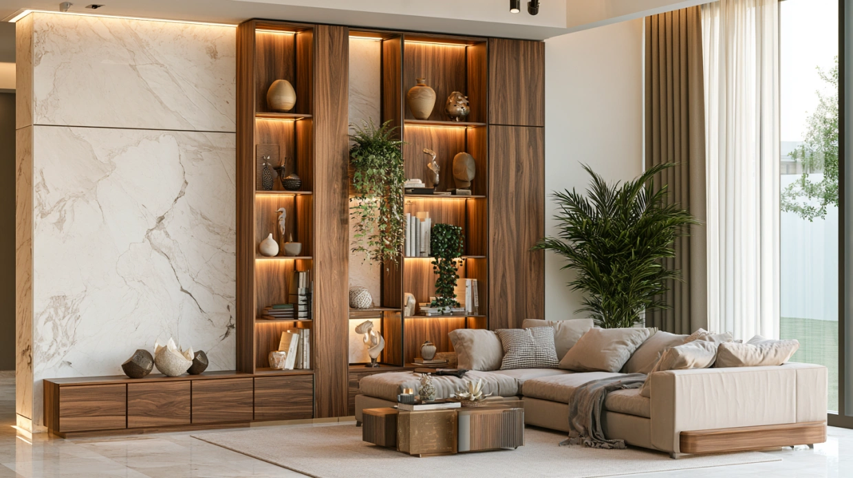 Corner showcase unit for hall