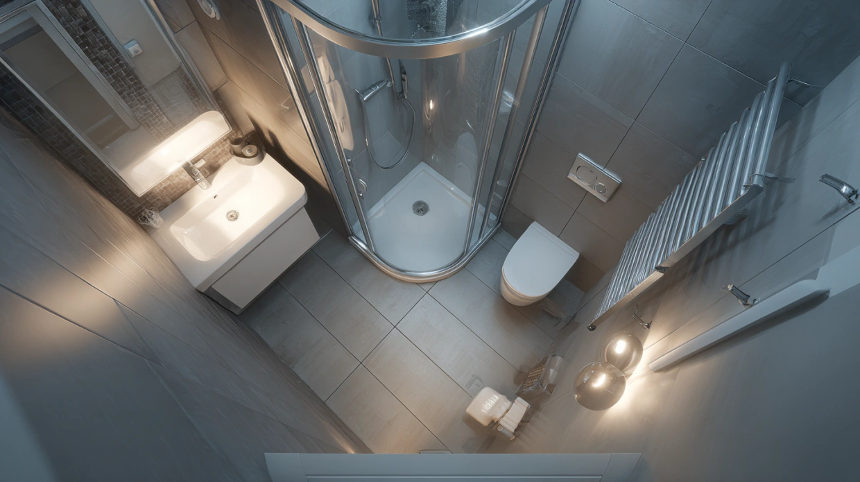 Corner shower in compact bathroom