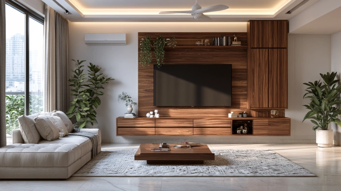 Corner TV unit in a compact Indian living room