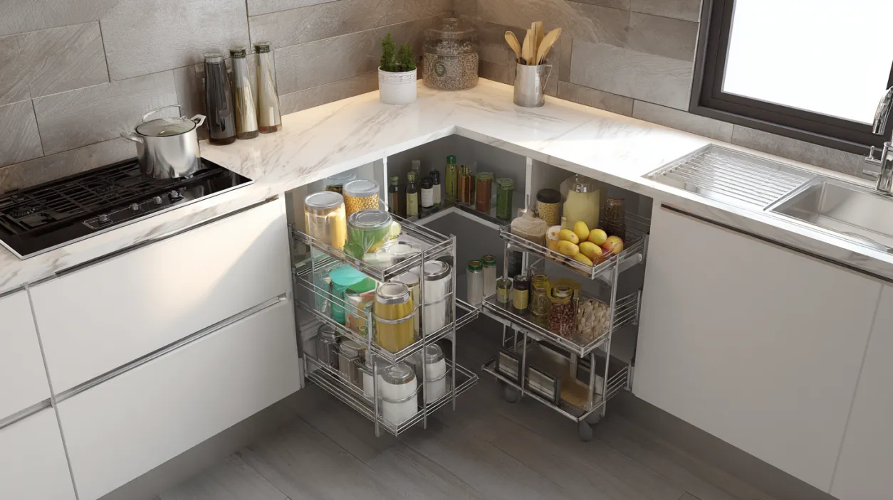 S-shaped modular kitchen corner unit storage solution.