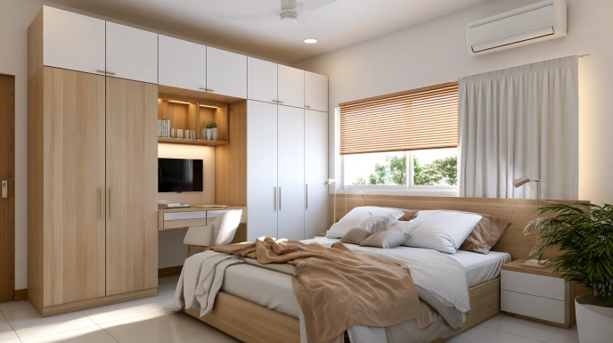 Corner wardrobe with integrated study desk