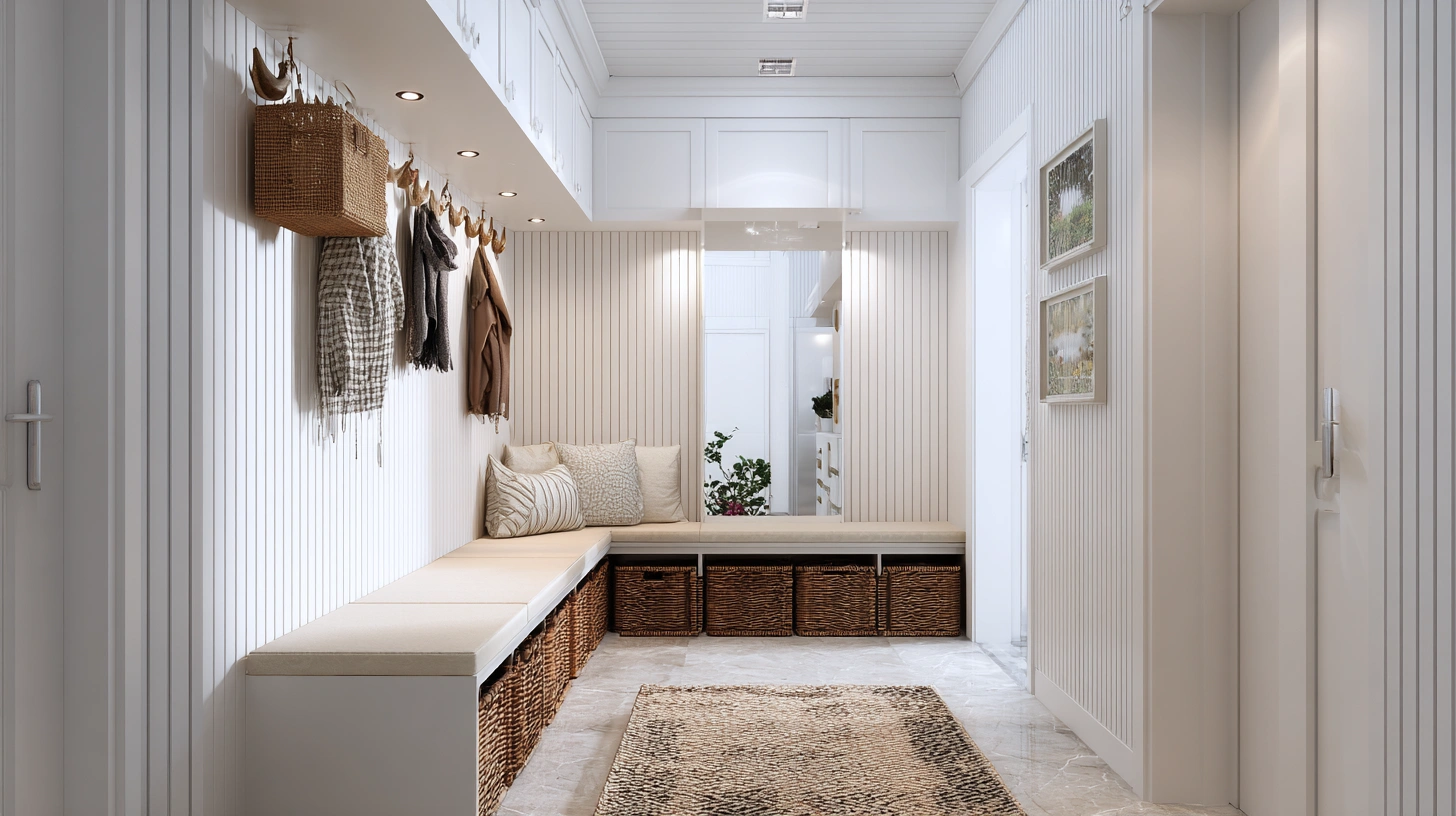 Shoe storage bench placed in apartment entrance corridor