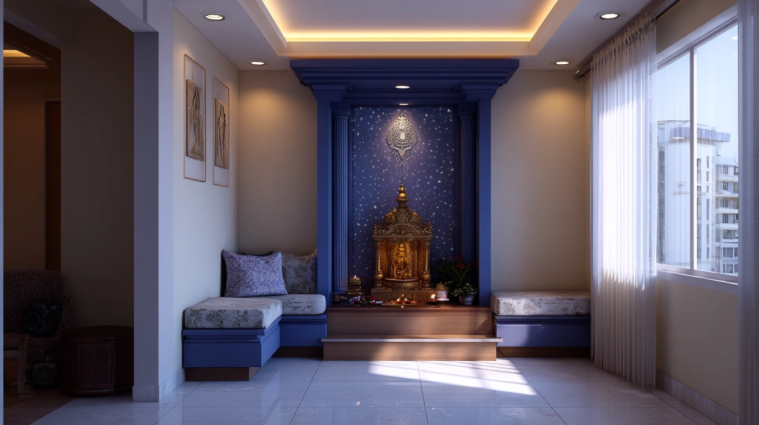 Pooja room ceiling with glowing cosmic star light effects