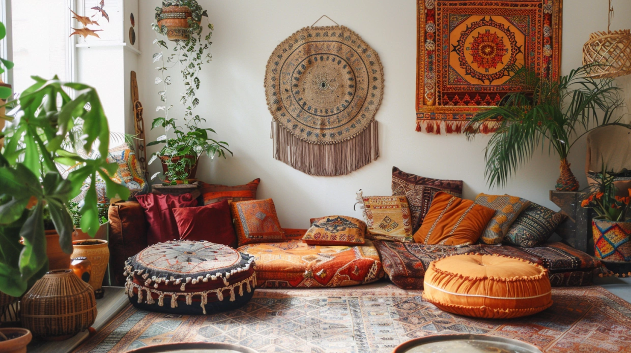 Bohemian Indian living room with floor seating and vibrant decor