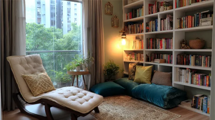 cosy compact reading nook in indian home library design