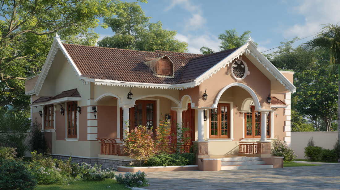 Warm cream and peach cottage with white arched porch pillars
