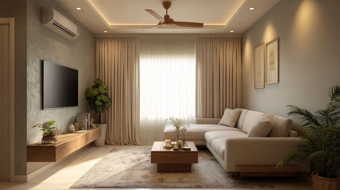 Cream living room with hidden ceiling illumination