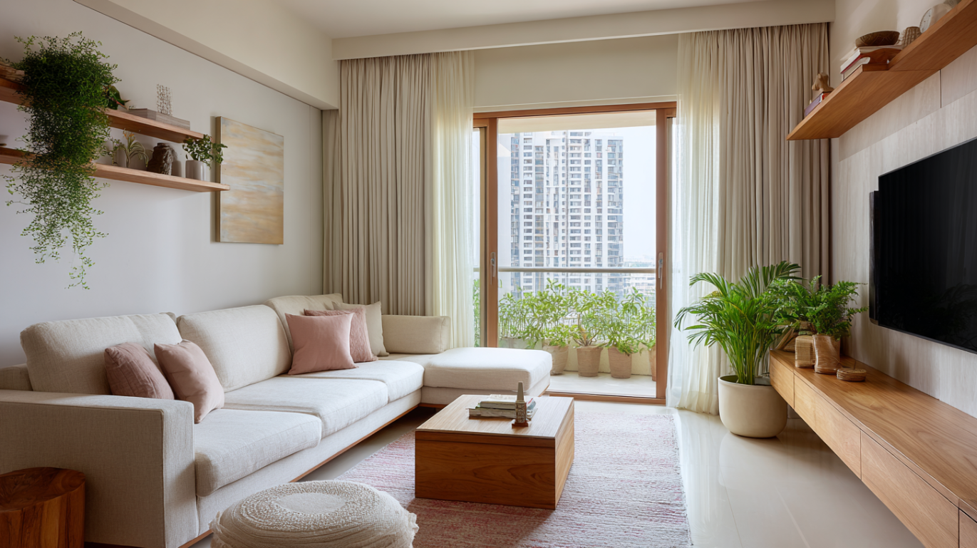 Cozy minimalist living room with warm soft lighting