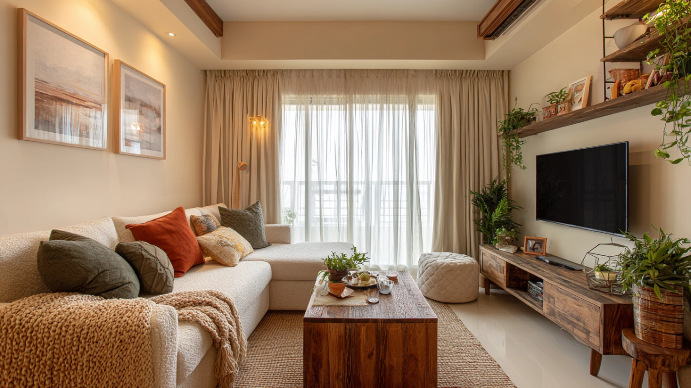 Warm living room with wooden coffee table