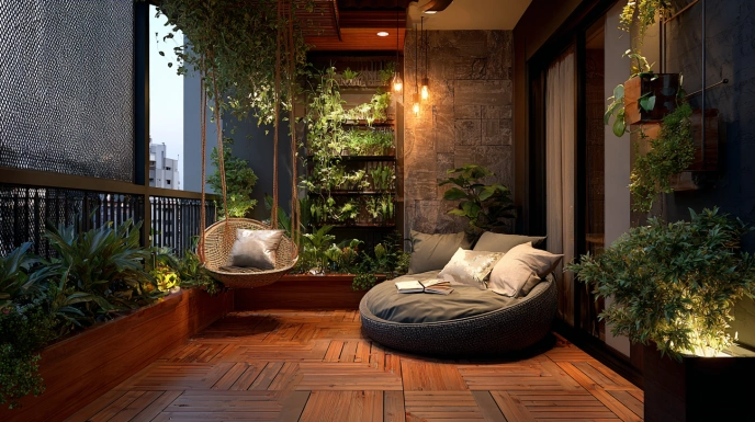 Balcony garden and reading nook in duplex home