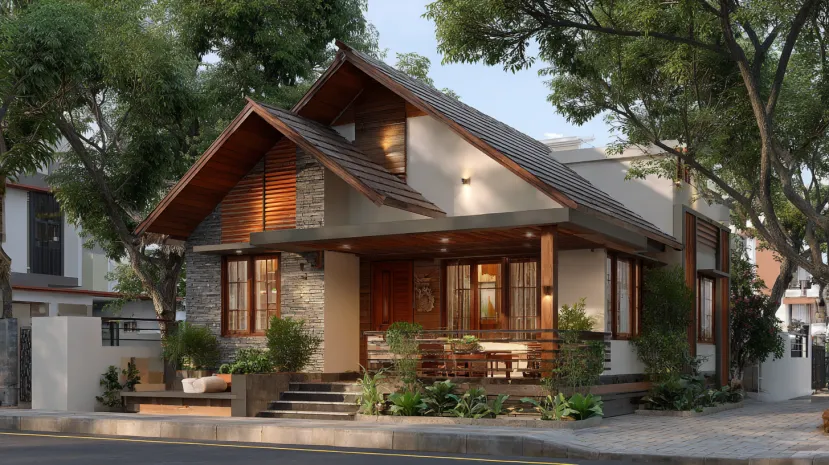 Charming stone and wood cottage design with a gabled roofline