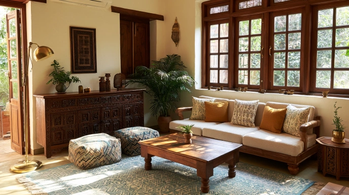 Indian fusion cottage living room design