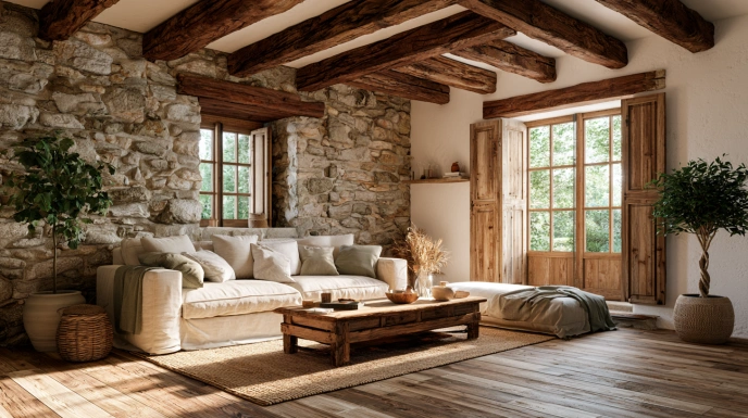 Cottage living room with wood and stone