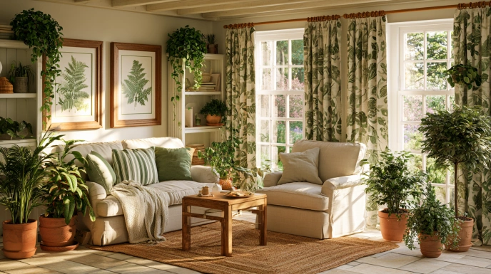 Botanical-themed cottage living room
