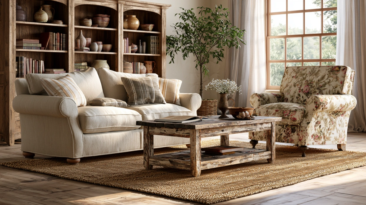 Cottage living room furniture arrangement