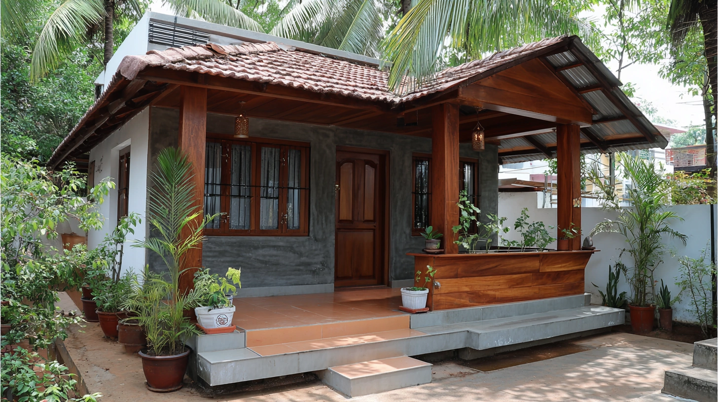 Grey wooden cottage dog house in home verandah