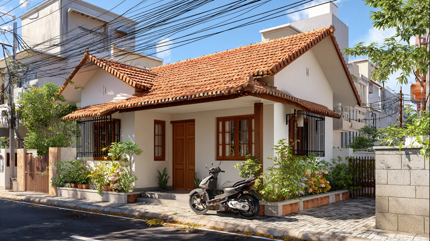 Small Indian cottage with tiled roof and porch