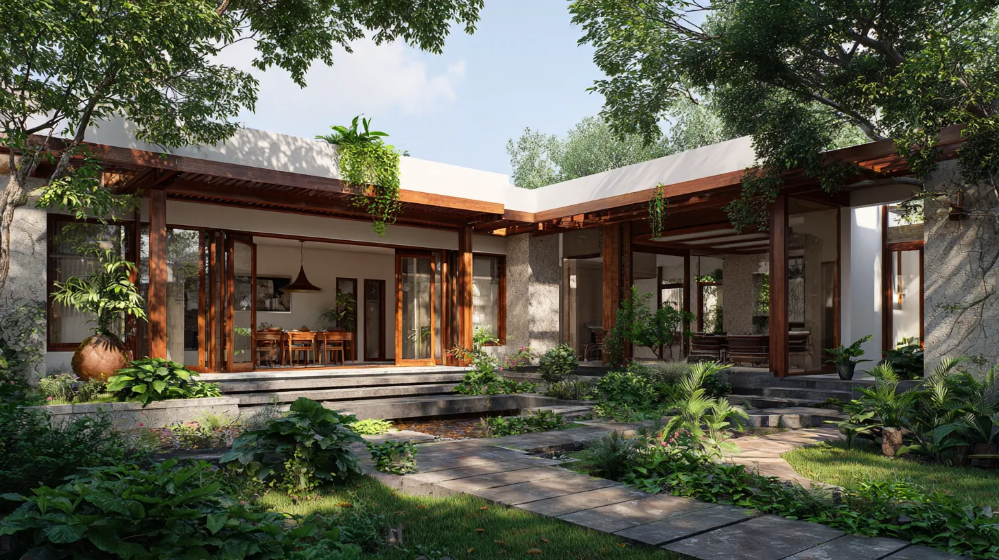 L-shaped villa around a lush garden.