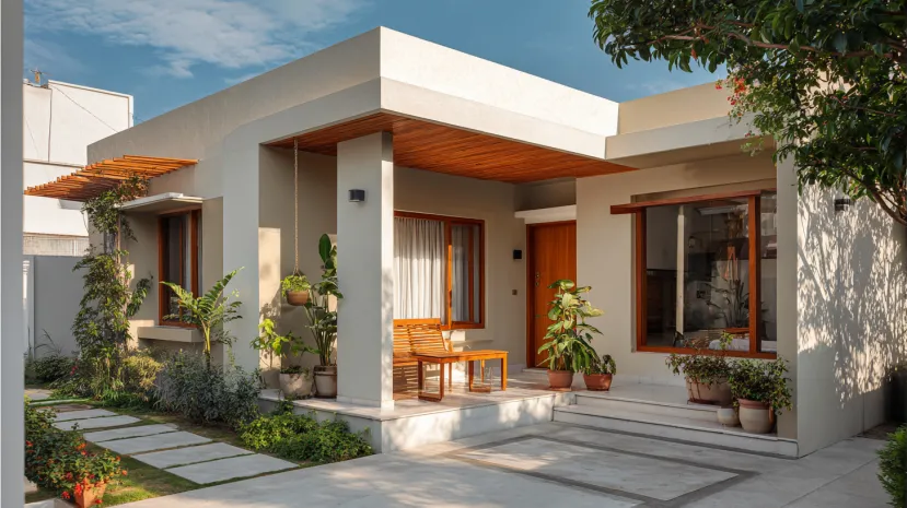 Airy, open village single-floor home front design