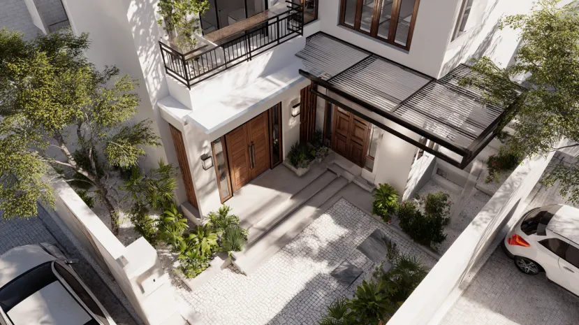 Courtyard entrance low-cost normal house front elevation design