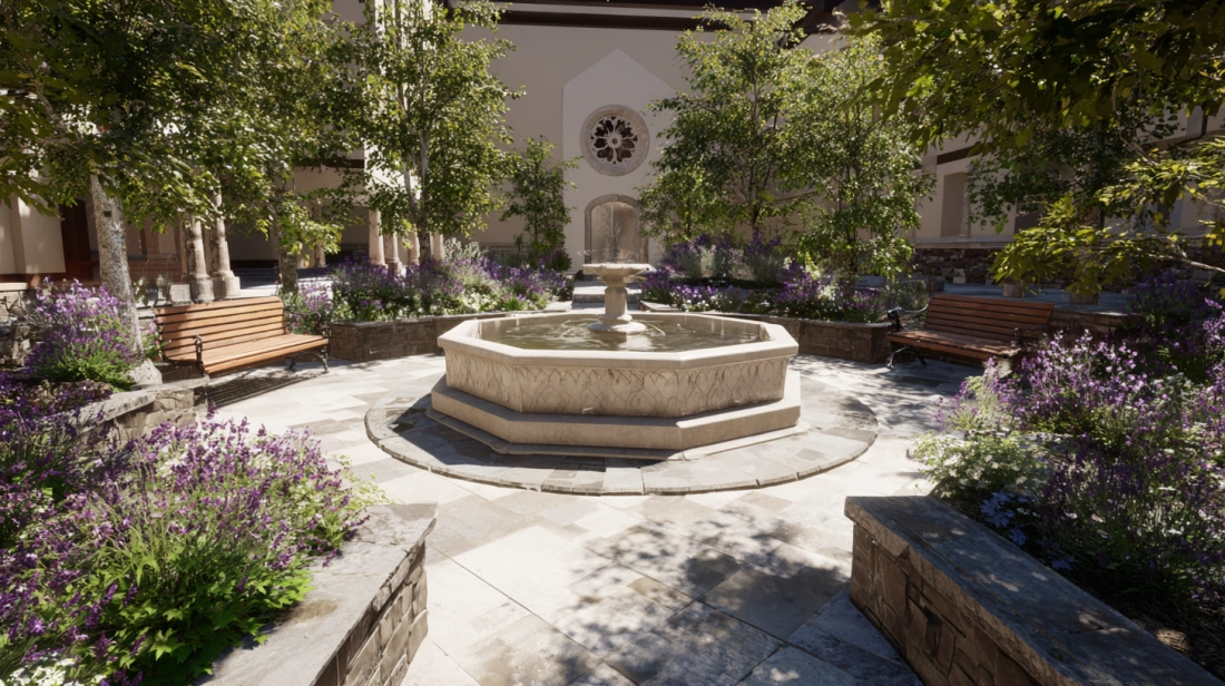 Central stone fountain within a lush, sunlit private courtyard