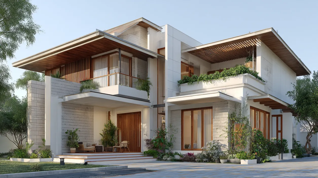 Modern Indian home with wood, stone, and balcony