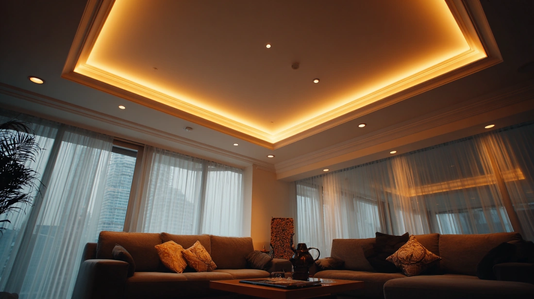 Warm golden cove lighting hidden in POP ceiling borders