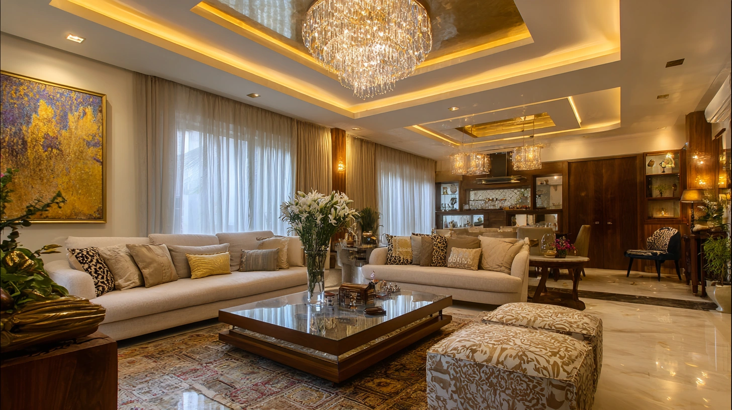 Tray ceiling with inner cove lighting and chandelier