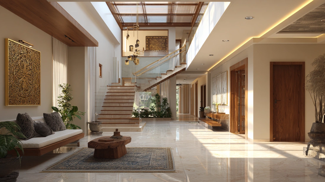 Double height atrium ceiling with cove lighting edges
