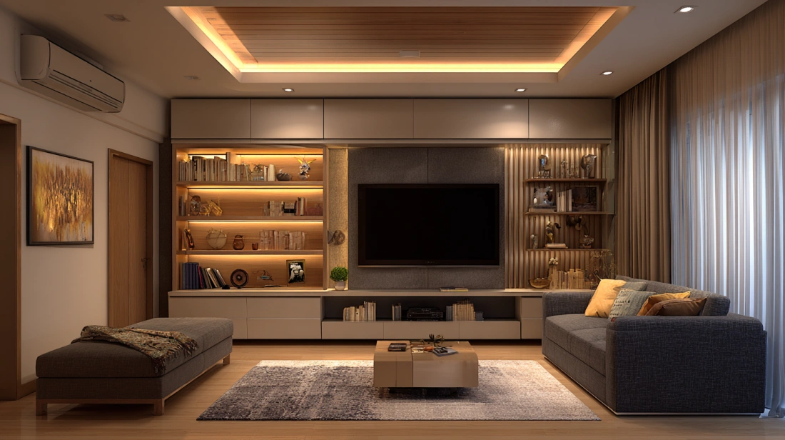 Ceiling shelf decor highlighted with cove lighting