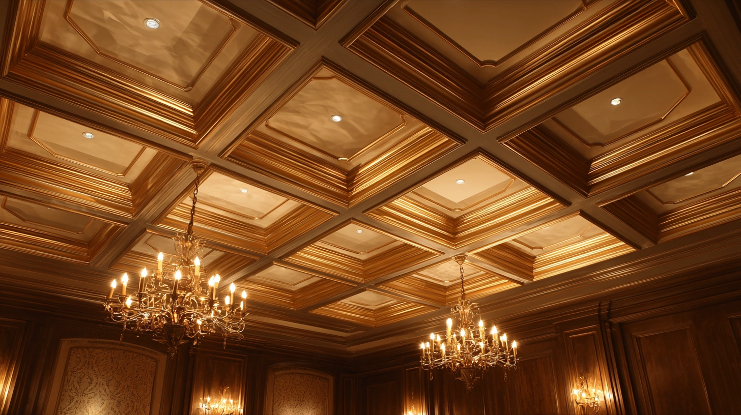 Coffered ceiling panels lit with warm cove lighting