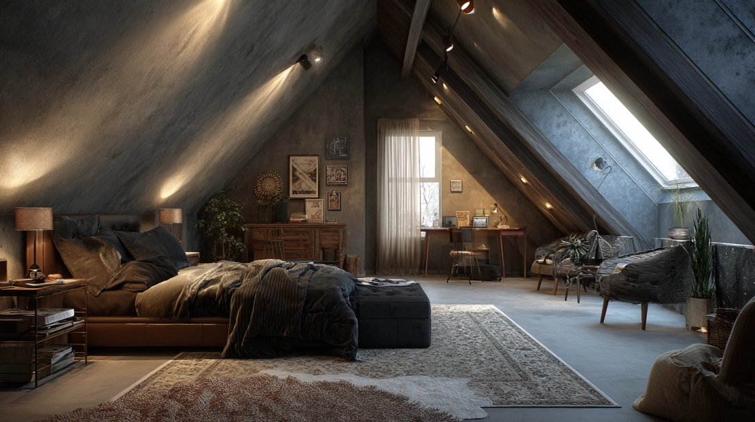 Sloped attic ceiling enhanced by cove lighting glow