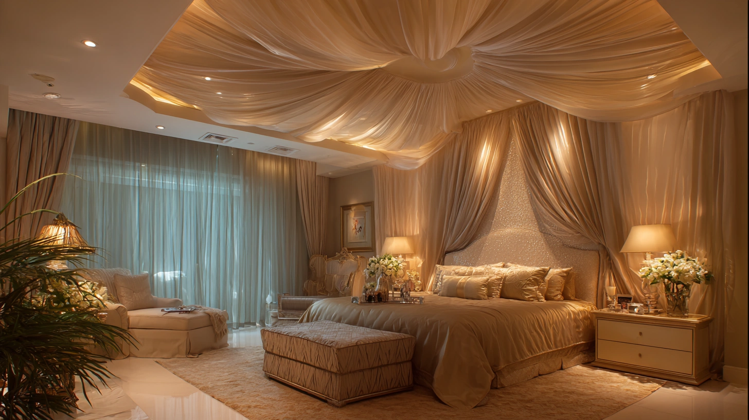Bedroom canopy ceiling with hidden cove lighting