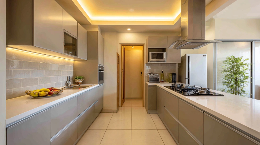Bright modern kitchen illuminated by soft hidden cove lighting