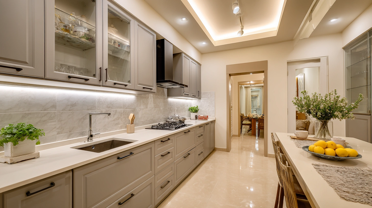 Bright luxury kitchen with a glowing cove lit ceiling