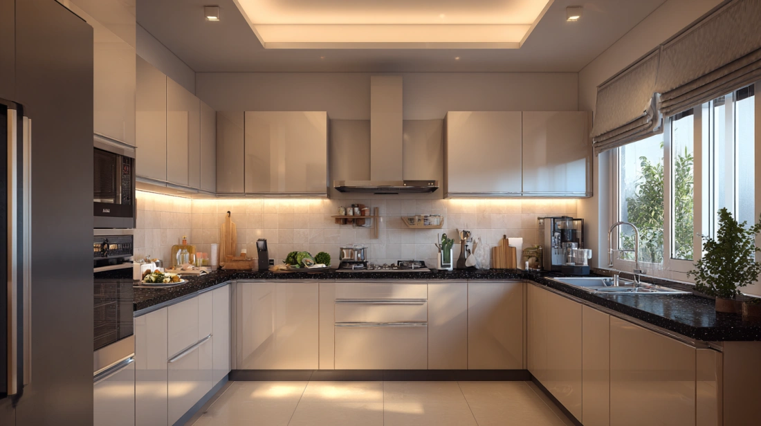 Recessed minimalist cove ceiling casting warm kitchen illumination