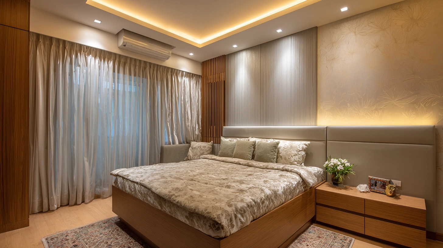 Cozy bedroom interior with warm yellow cove tray lighting