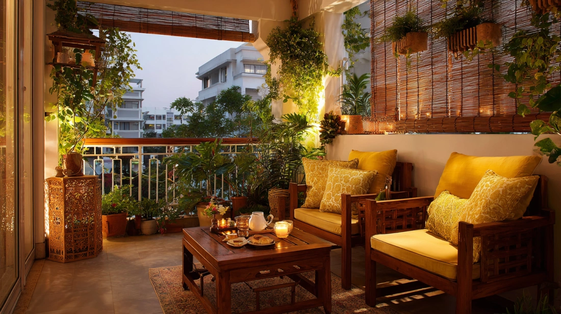 Cosy covered balcony sitout with blinds