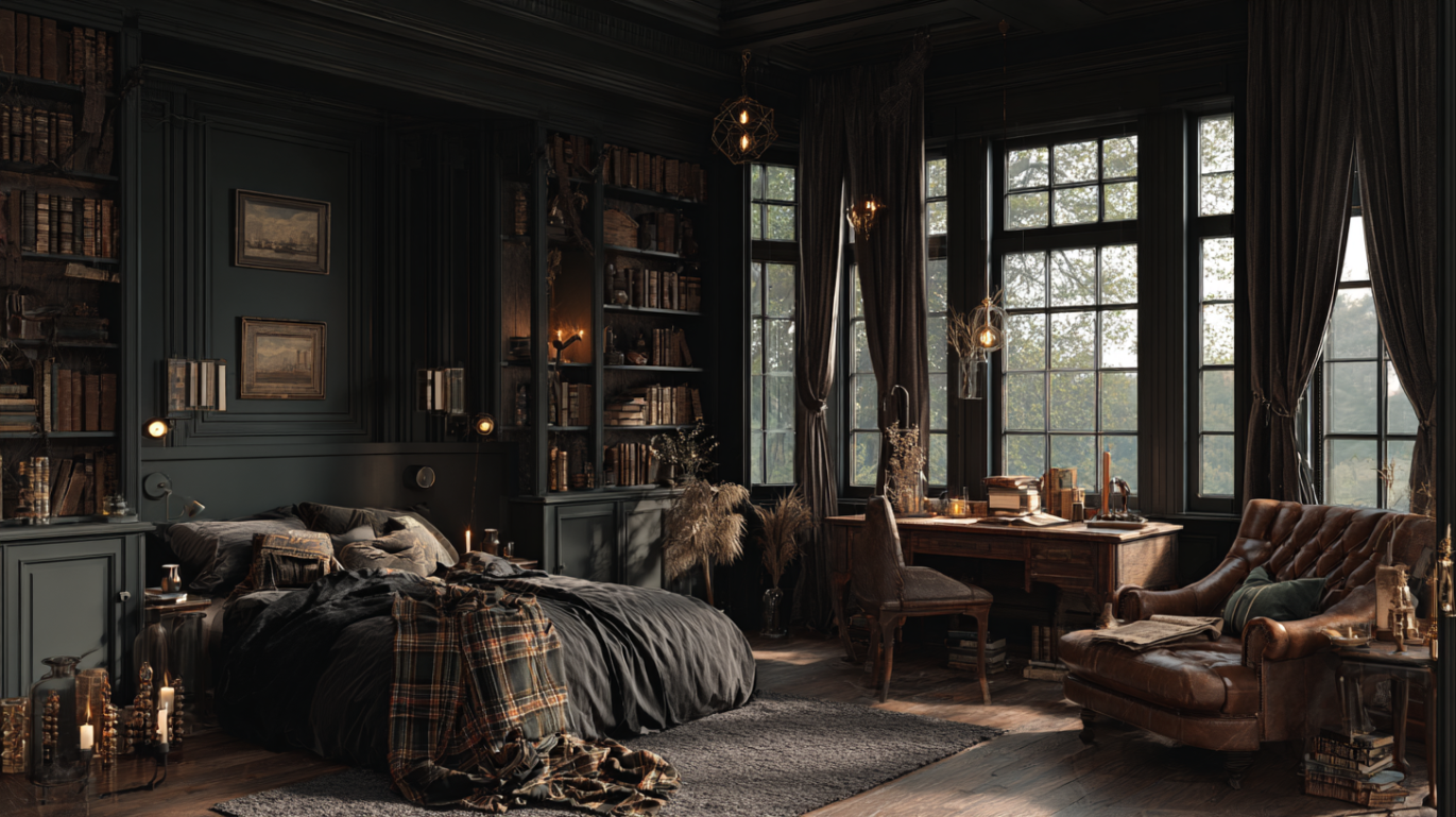 Dark academia aesthetic bedroom interior