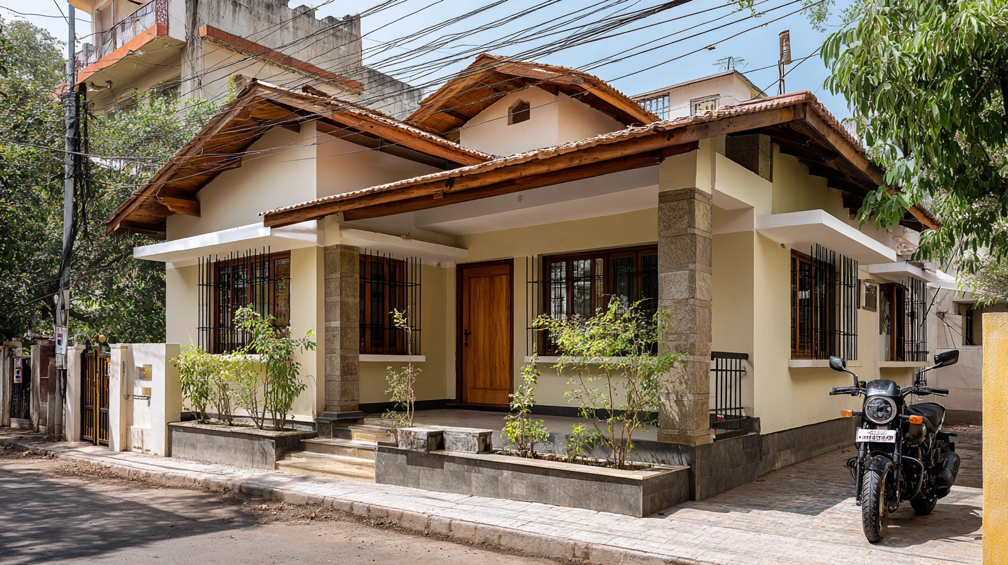 Craftsman Indian house with rafters and stone base