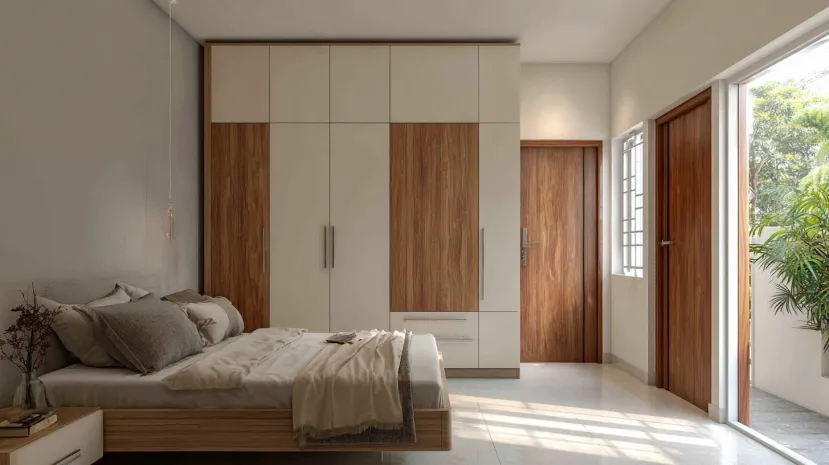 cream and maple tones in two colour combination of wardrobe design