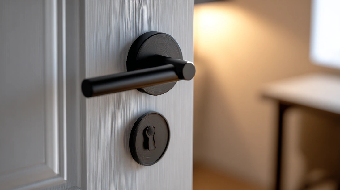 Matte black handle on white door panel