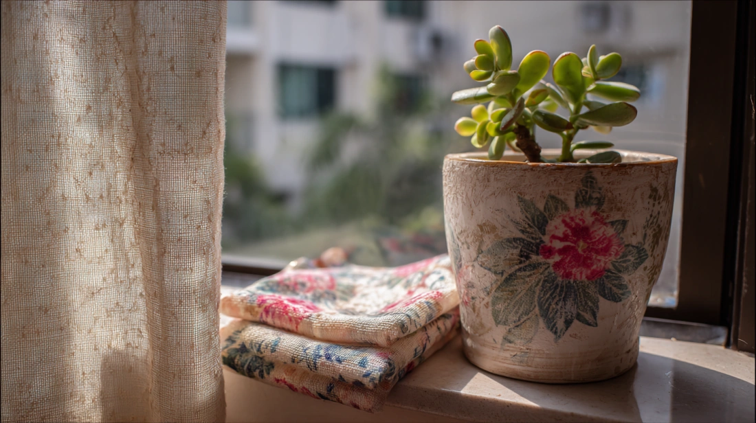 Floral decoupage art pot on living room window ledge