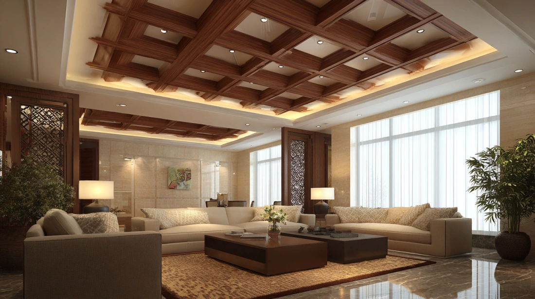 Modern PVC ceiling featuring intersecting dark wooden-style beams