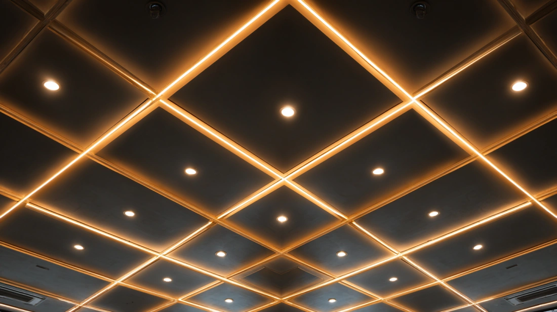 Intricate crisscross pattern molded onto a flat POP ceiling
