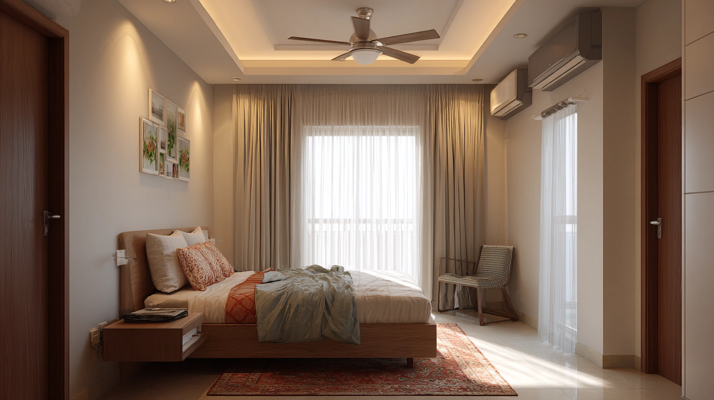 Ornate white plaster trim finishes bedroom ceiling