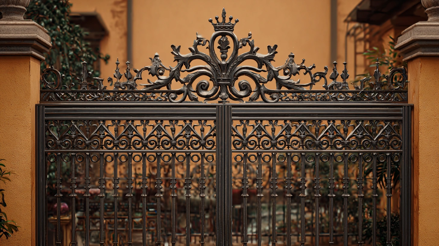 Grand arched iron gate with a decorative central crown-like flourish.