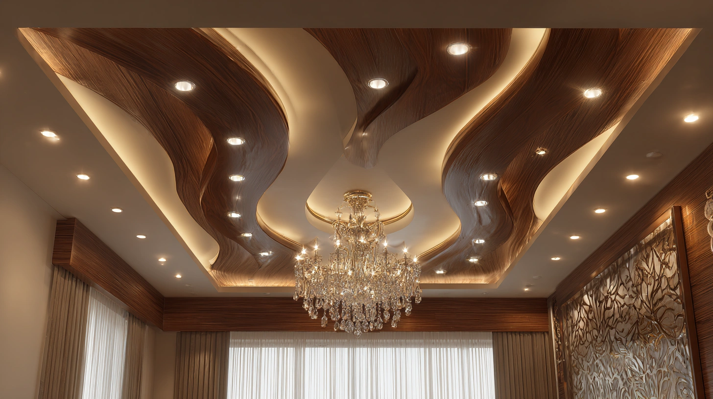 Elegant crystal chandelier centered in a tray POP ceiling