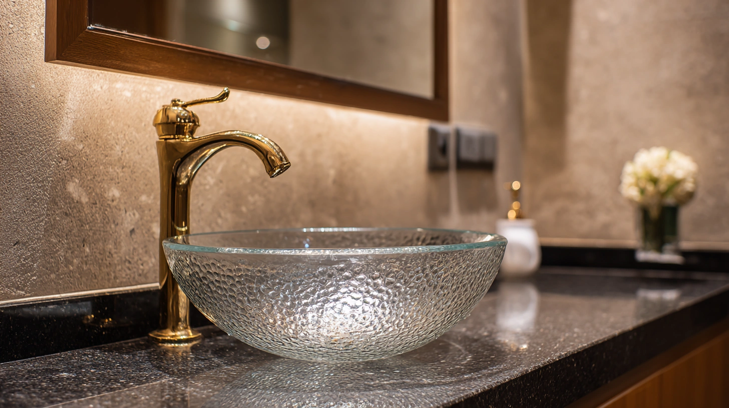 Glass bowl basin on granite counter near dining
